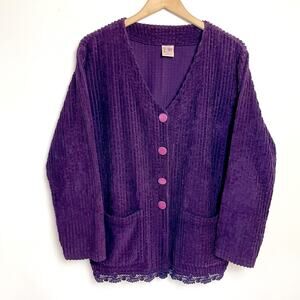 Vintage 90s Textured Cardigan XL Purple Oversized Soft Cottagecore Granny Cotton